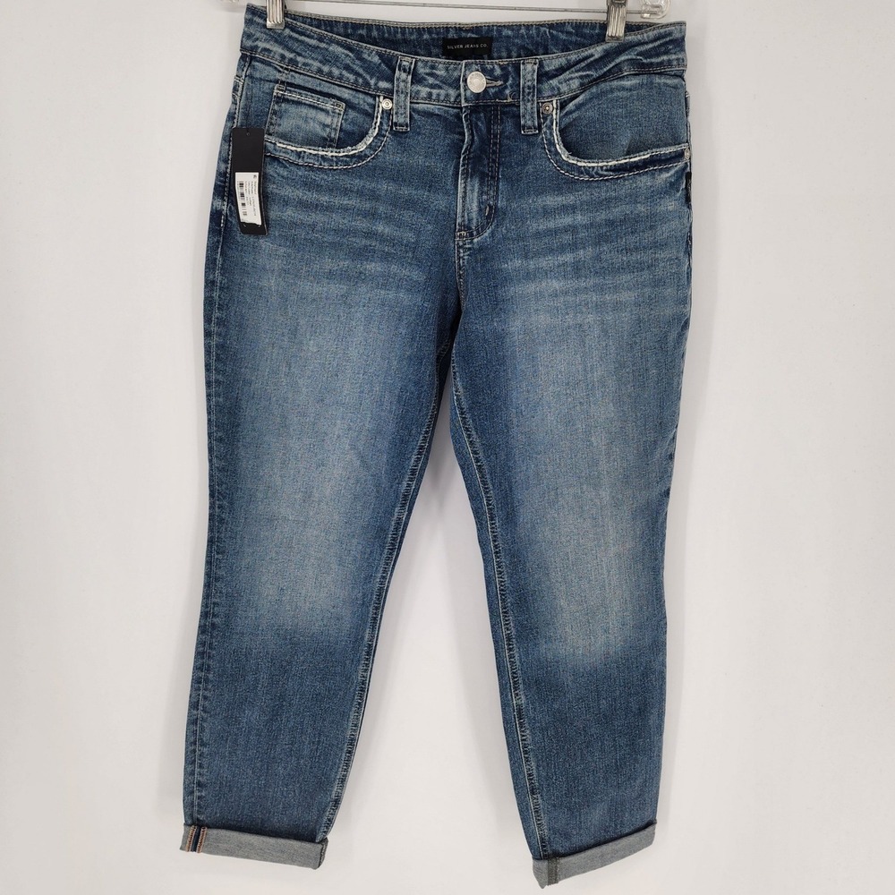 Silver Jeans Co. Boyfriend Mid Rise Slim Leg Jeans Indigo Wash Cuffed NWT 30x27
